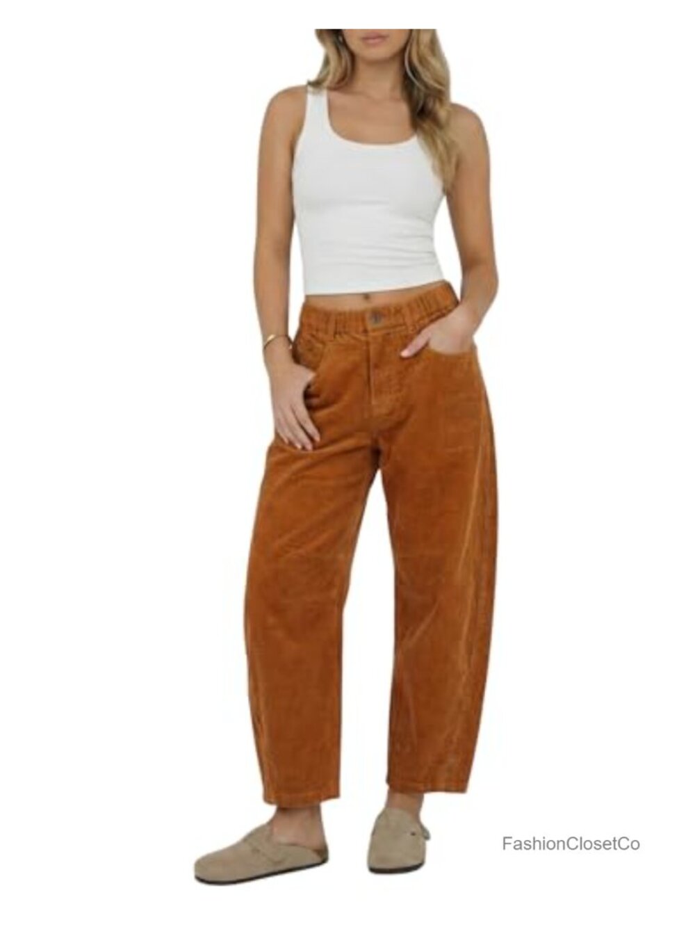 Women's Corduroy Barrel Pants Mid-Rise Elastic Waist Wide Leg Trousers with
